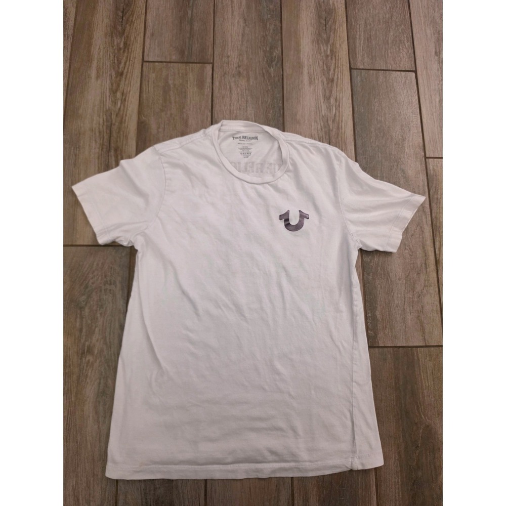 True Religion Mens White Buddha Graphic T-Shirt Medium Metallic Horseshoe Logo
